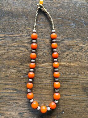 Vintage West African Orange Resin Bead Necklace Boho Tribal Silver Beads
